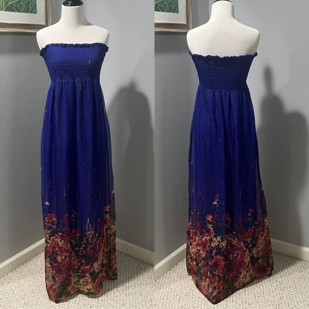 Full Tilt Blue Multicolor Lined Smocked Strapless Floral Maxi Dress Small/Medium